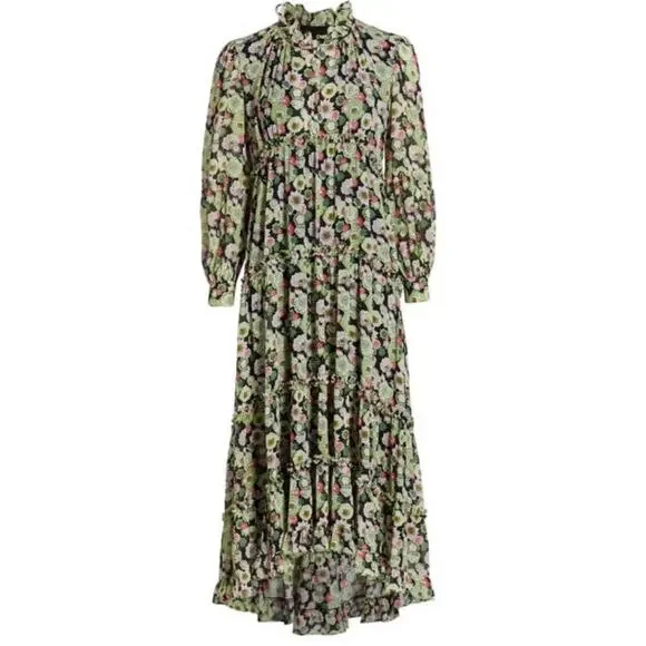 Cinq A Sept Lucille Tiered Ruffle Floral Midi Dress Abstract Green Prairie 0 NWT - Picture 2 of 15